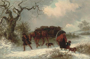 A carrier with passengers parting in a winter landscape