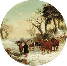 Figures and horses in a snow covered landscape