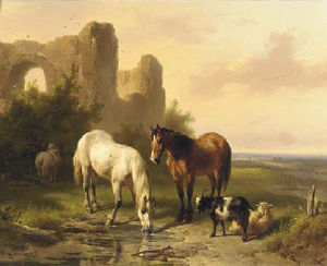 Horses by a ruin in an extensive landscape