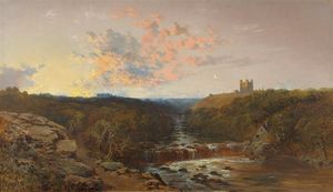 Richmond castle on the river swale at twilight