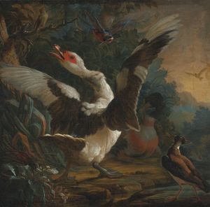 A goose, a kingsfisher, and other birds in a landscape