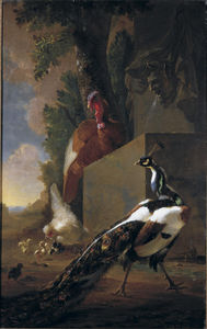 A turkey, peacock, a chicken with his chicks beside a classical fountain in a landscape
