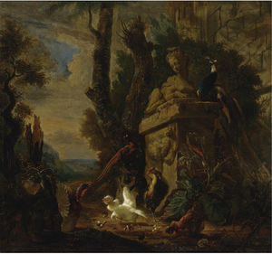 Still life of a chicken, a turkey, a pheasant and a goat in an extensive classical landscape