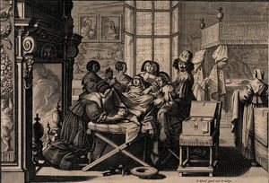 A woman giving birth in an elaborate room aided by a mid-wif