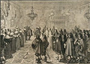 Ceremonia de pasar el contrato matrimonial de Ladislao IV y María Luisa de Gonzaga en Fontainebleau.
