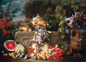 A still life of fruit and flowers on an acanthus stone relief