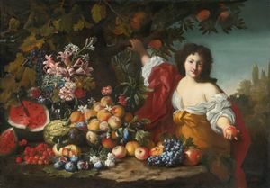 Still life of fruits and flowers with a figure