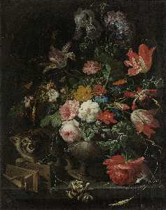 Flower still life with cat and mouse trap