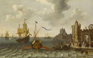 Ein Französisch Galley und niederländischen Männer-of-War ab einem Hafen