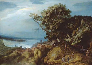 A rocky river landscape with travellers on a path by a town