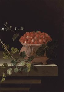 A bowl of strawberries with gooseberries on a stone ledge