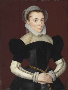 Portrait of a woman in a black dress and a white partlet and sleeves.