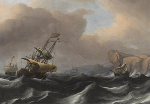A dutch frigate and other shipping in stormy seas along a rocky coastline