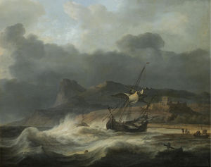 A mountainous coastal landscape with a ship beached in a storm, figures gathering cargo to the right