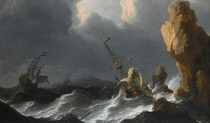 A shipwreck in a heavy storm along a rocky coast
