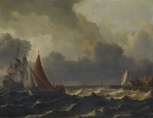 A smalschip closed hauled in a stiff breeze with a flagship offshore to the left and a jetty to the right
