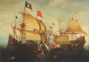 An english and a dutch ship attacking a spaniard - (1610)