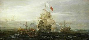 法国船和北非海盗。大约 - （1615）
