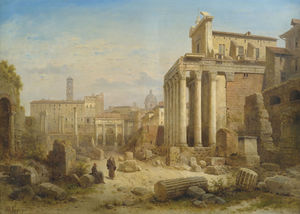 Mit Blick auf das Forum Romanum mit dem Triumphbogen des Septimius Severus und der Tempel des Antoninus Pius und der Faustina.