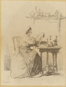 Ecureuse, ein Dienstmädchen an einem Tisch Polieren