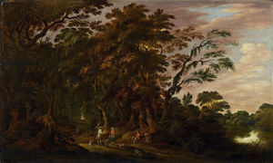 Forest landscape with farmer couple and hunters.