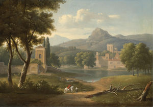 A classical river landscape with travellers on a path in the foreground