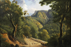 A neoclassical landscape with a young woman running on a path ; oil on canvas