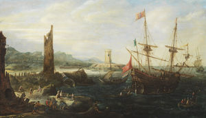 Coastal landscape with warship under papal flag and a Dutch sloop