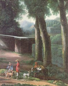 A hunting party in wooded Italianate landscape