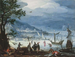A coastal landscape with fishing boats and peasants disembarking, the Calling of Saint Peter beyond