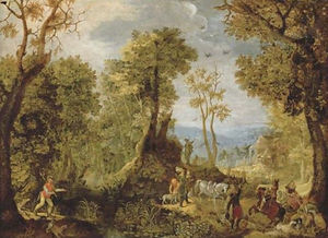 Hunters in a wooded landscape with a village and an extensive landscape beyond
