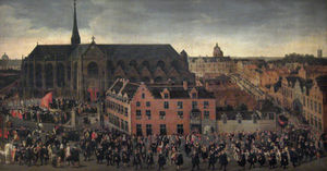 El Infante Isabella dispara el arrendajo del Gran Serment [Gremio de Ballesteros] con una ballesta en el Sablon en Bruselas