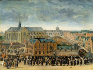 El Ommegang Bruselas el 31 de mayo La Infanta Isabel saca el ave la Gran Juramento con una ballesta en el Sablon en Bruselas (1615)
