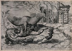 Prometheus an einen Felsen gebunden, seine Leber von einem Adler gegessen