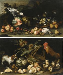 A forest floor still life with a dog, a cockerel, horse chestnuts and a melon; a forest floor still life with figs, pears, melons, apricots and cucumbers