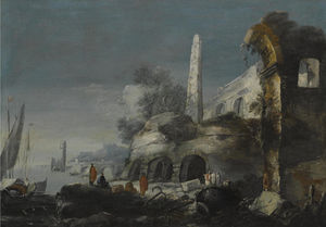 A capriccio Küsten-Szene mit Figuren von Ruinen im Vordergrund