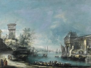 Une capriccio côtière vue avec élégance bâtiments , un pont au loin , et figures sur charge bateaux dans au premier plan