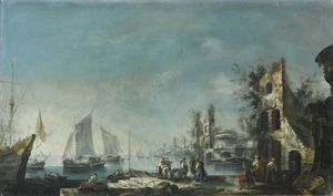 A capriccio harbour view with figures conversing and ships at anchor