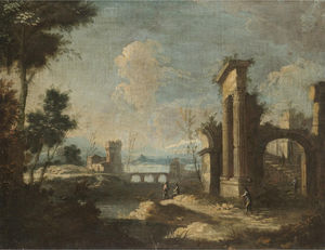 An italianate river landscape with pastoral figures amongst classical ruins
