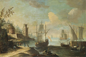 Mittelmeerhafenszene mit Figuren auf einem Weg im Vordergrund, eine Festung über
