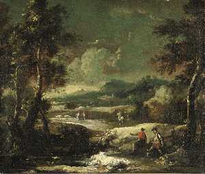 Paesaggio con viandanti seduti presso un fiume