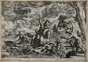 A tumultous hunting scene in which a stag is hunted into the