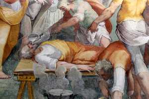 Fresco of the martyrdom of Saint Primus, who is being forced to swallow molten lead (Circignani and Tempesta). In the Church of Santo Stefano Rotondo, Rome.