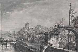 A capriccio landscape with buildings and a ruined castle on a river, a terrace with ruins and an obelisk