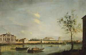 Looking east across the river brenta at stra towards the villa capello and the villa pisani and its gardens