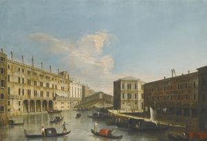 View of the grand canal towards the rialto bridge from the north, the fondaco dei tedeschi to the left