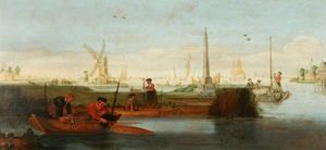 Scena di fiume con pescatori in un remi barca in primo piano