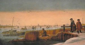 Paesaggio invernale con figure su un ponte, un cacciatore e Skaters