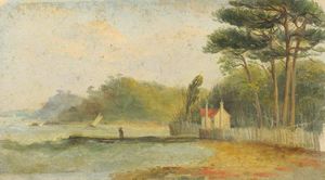 Una escena del río con una casa y un embarcadero