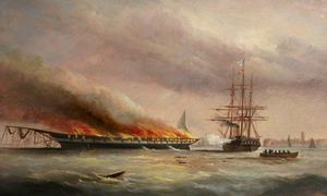 燃烧的运兵船“东方君主在Spithead的，六月（1859年）
